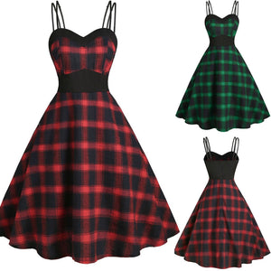 Women Fashion V-neck Plus Size Plaid Print High Waist  Strap Knee-legth Dress Fashion Female Party Night Dress Vestidos#45