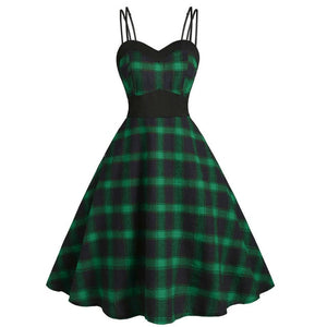 Women Fashion V-neck Plus Size Plaid Print High Waist  Strap Knee-legth Dress Fashion Female Party Night Dress Vestidos#45