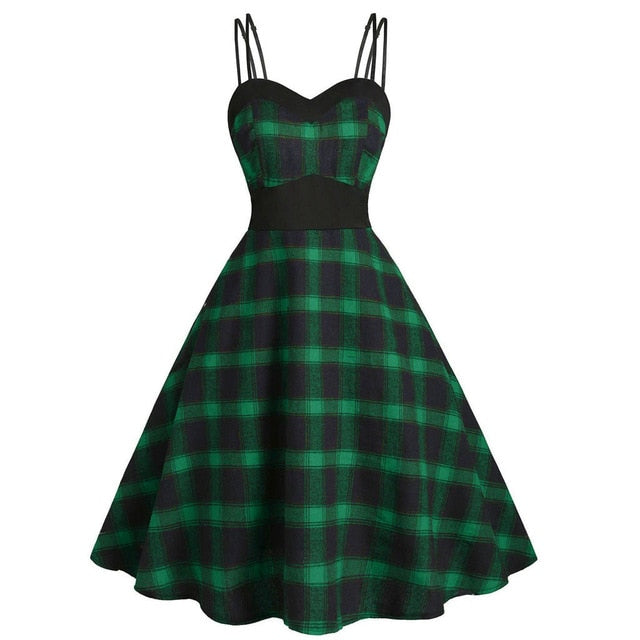 Women Fashion V-neck Plus Size Plaid Print High Waist  Strap Knee-legth Dress Fashion Female Party Night Dress Vestidos#45