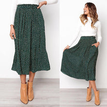 Load image into Gallery viewer, White Dots Floral Print Pleated Midi Skirt Women Elastic High Waist Side Pockets Skirts Summer 2020 Elegant Female Bottom
