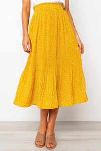 White Dots Floral Print Pleated Midi Skirt Women Elastic High Waist Side Pockets Skirts Summer 2020 Elegant Female Bottom